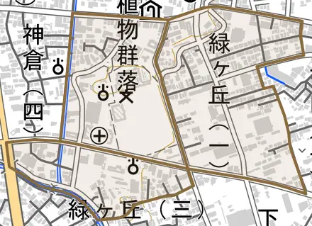 緑ケ丘とその周辺の地図。町の範囲を重ねている