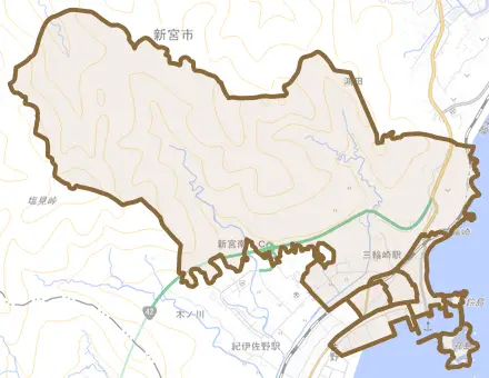三輪崎とその周辺の地図。町の範囲を重ねている
