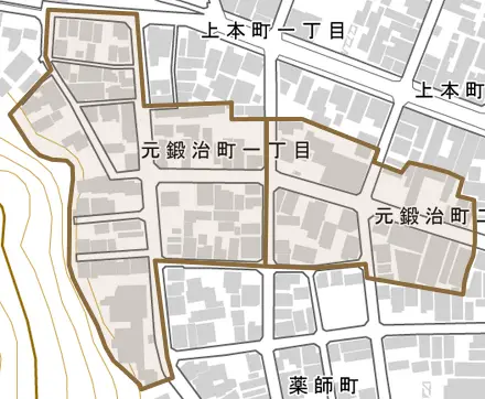 元鍛治町とその周辺の地図。町の範囲を重ねている