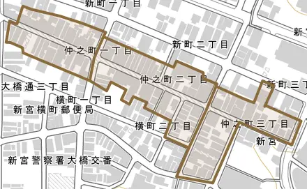 仲之町とその周辺の地図。町の範囲を重ねている