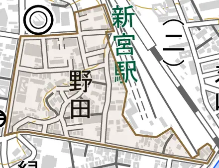 野田とその周辺の地図。町の範囲を重ねている
