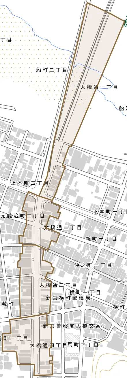 大橋通とその周辺の地図。町の範囲を重ねている