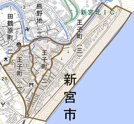 王子町とその周辺の地図。町の範囲を重ねている