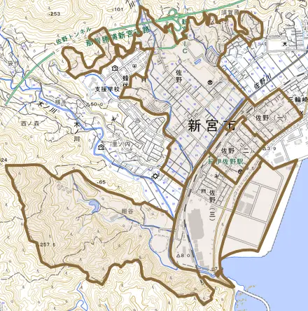 佐野とその周辺の地図。町の範囲を重ねている