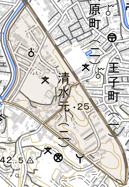 清水元とその周辺の地図。町の範囲を重ねている