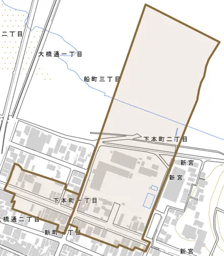 下本町とその周辺の地図。町の範囲を重ねている