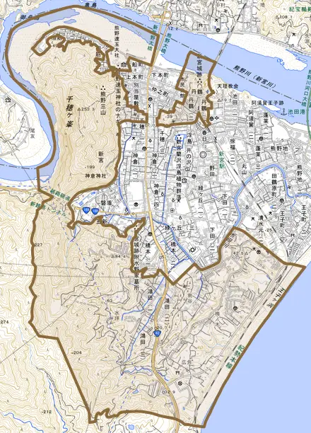 新宮とその周辺の地図。町の範囲を重ねている