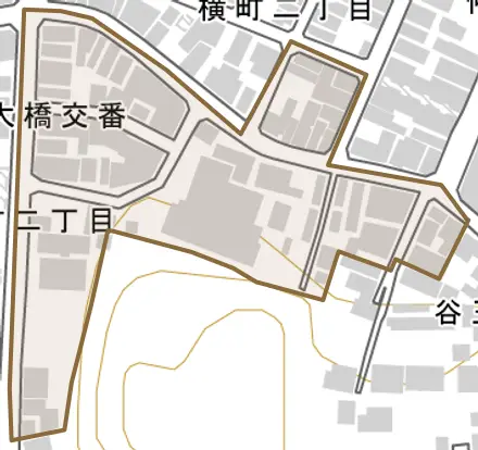 谷王子町とその周辺の地図。町の範囲を重ねている