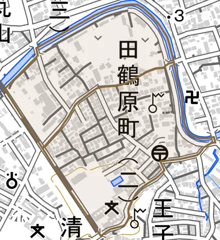 田鶴原町とその周辺の地図。町の範囲を重ねている