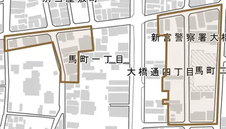 馬町とその周辺の地図。町の範囲を重ねている