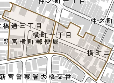 横町とその周辺の地図。町の範囲を重ねている