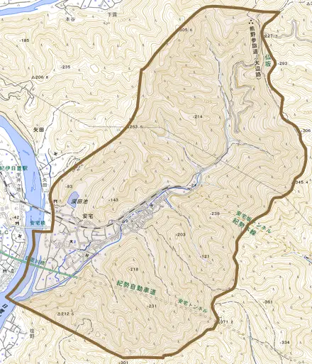 安宅とその周辺の地図。町の範囲を重ねている