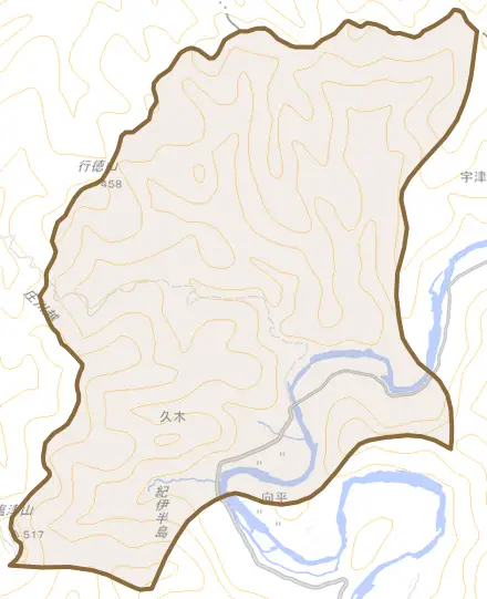 久木とその周辺の地図。町の範囲を重ねている