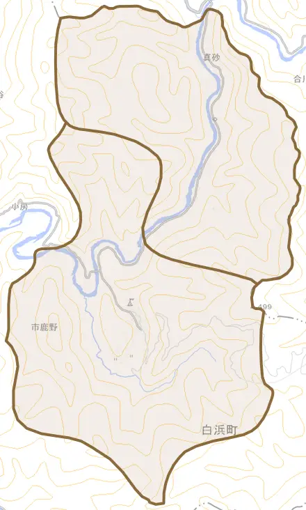 市鹿野とその周辺の地図。町の範囲を重ねている