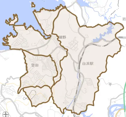 堅田とその周辺の地図。町の範囲を重ねている