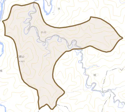 小川とその周辺の地図。町の範囲を重ねている
