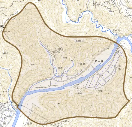 口ケ谷とその周辺の地図。町の範囲を重ねている