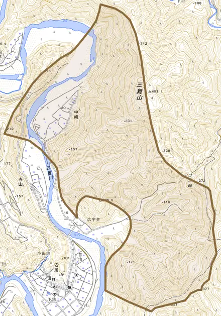 中嶋とその周辺の地図。町の範囲を重ねている