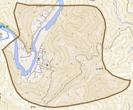 大とその周辺の地図。町の範囲を重ねている