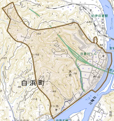 大古とその周辺の地図。町の範囲を重ねている