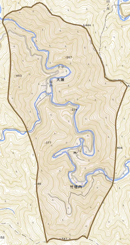 大瀬とその周辺の地図。町の範囲を重ねている