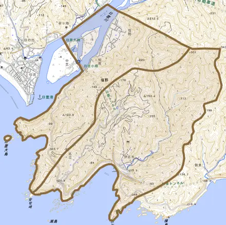 塩野とその周辺の地図。町の範囲を重ねている