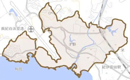 才野とその周辺の地図。町の範囲を重ねている