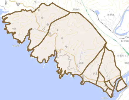 日置とその周辺の地図。町の範囲を重ねている