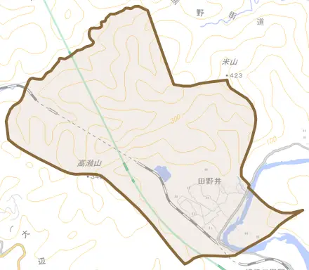 田野井とその周辺の地図。町の範囲を重ねている