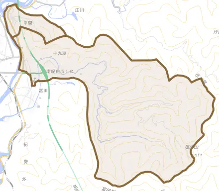 十九渕とその周辺の地図。町の範囲を重ねている