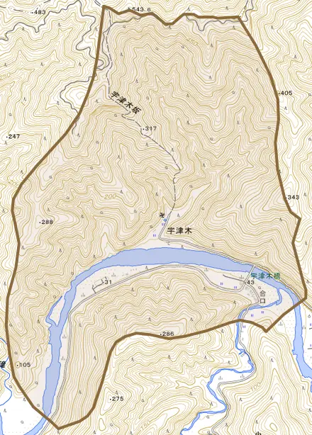 宇津木とその周辺の地図。町の範囲を重ねている
