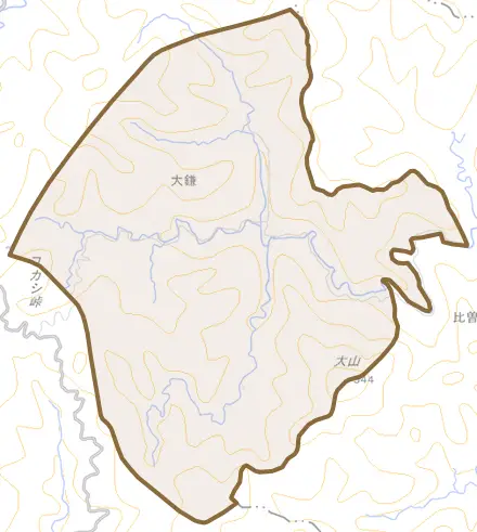 大鎌とその周辺の地図。町の範囲を重ねている