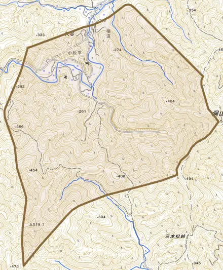 大谷とその周辺の地図。町の範囲を重ねている