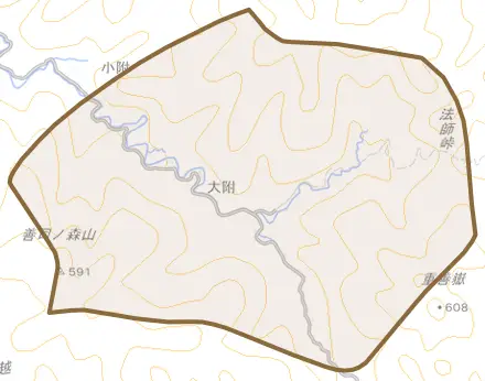 大附とその周辺の地図。町の範囲を重ねている