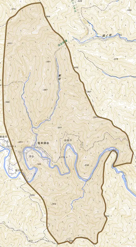 佐本深谷とその周辺の地図。町の範囲を重ねている