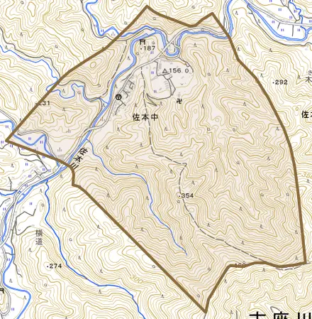 佐本中とその周辺の地図。町の範囲を重ねている