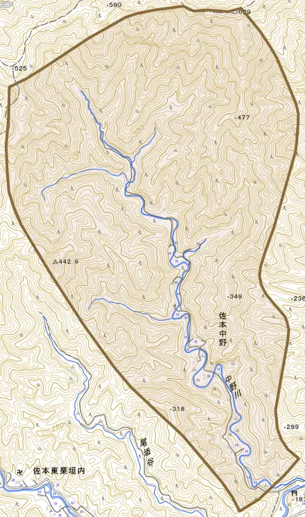 佐本中野とその周辺の地図。町の範囲を重ねている