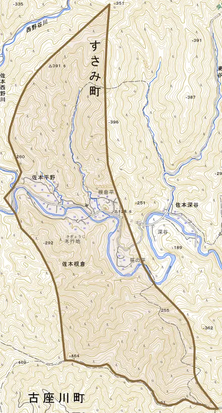 佐本根倉とその周辺の地図。町の範囲を重ねている