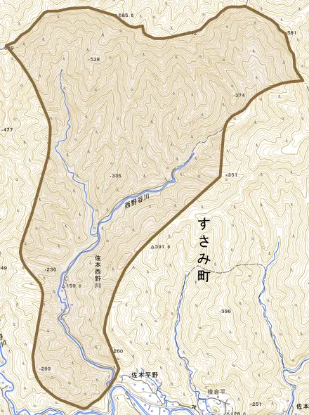 佐本西野川とその周辺の地図。町の範囲を重ねている