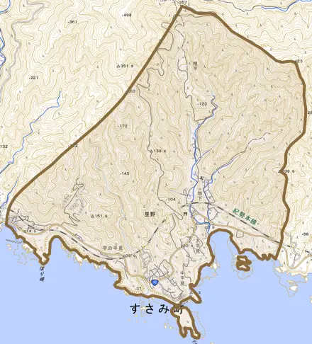 里野とその周辺の地図。町の範囲を重ねている