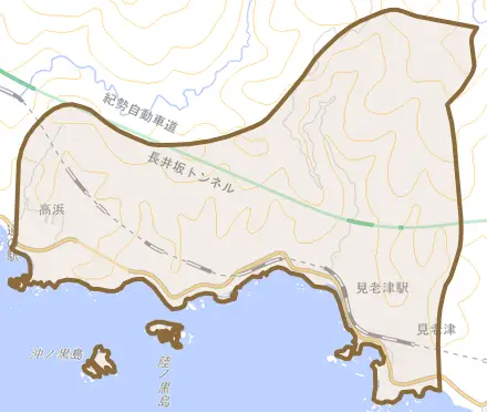 見老津とその周辺の地図。町の範囲を重ねている