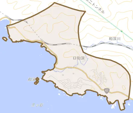 口和深とその周辺の地図。町の範囲を重ねている