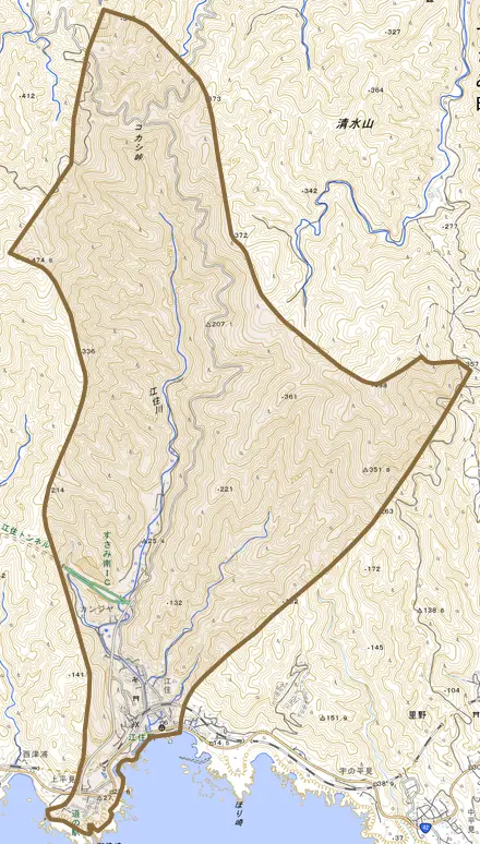 江住とその周辺の地図。町の範囲を重ねている