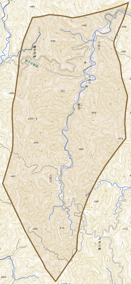 防己とその周辺の地図。町の範囲を重ねている