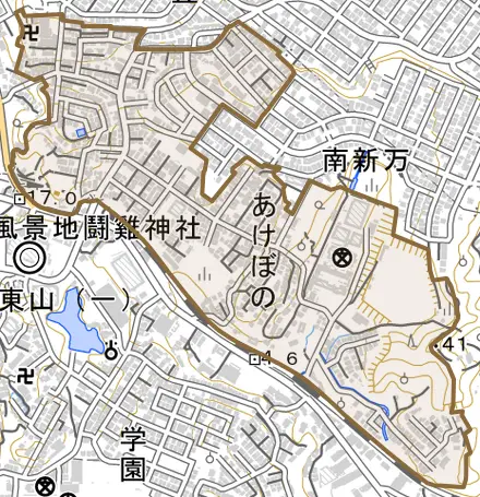あけぼのとその周辺の地図。町の範囲を重ねている