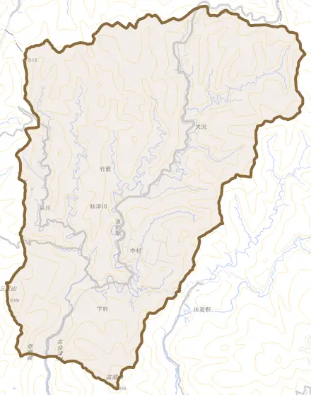 秋津川とその周辺の地図。町の範囲を重ねている