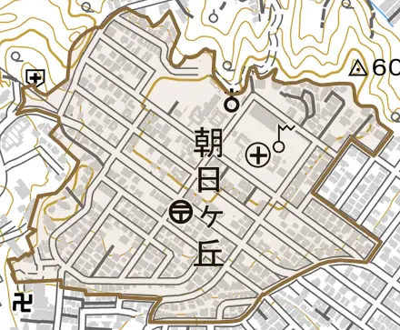 朝日ヶ丘とその周辺の地図。町の範囲を重ねている