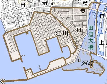 江川とその周辺の地図。町の範囲を重ねている