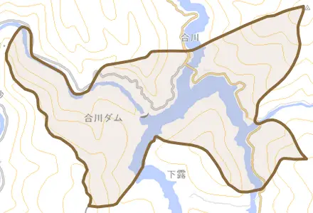 合川とその周辺の地図。町の範囲を重ねている