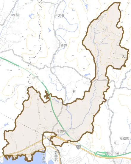 芳養町とその周辺の地図。町の範囲を重ねている